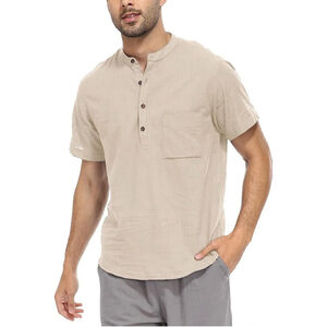YeeHoo Men's Summer Linen Shirt Henley Button Down Short Sleeve Beach Size XL